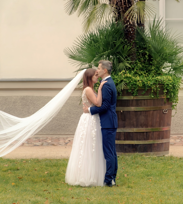 20 - Couple embracing and kissing gently on the forehead while standing outdoors in front of a wooden barrel planter with a palm tree
